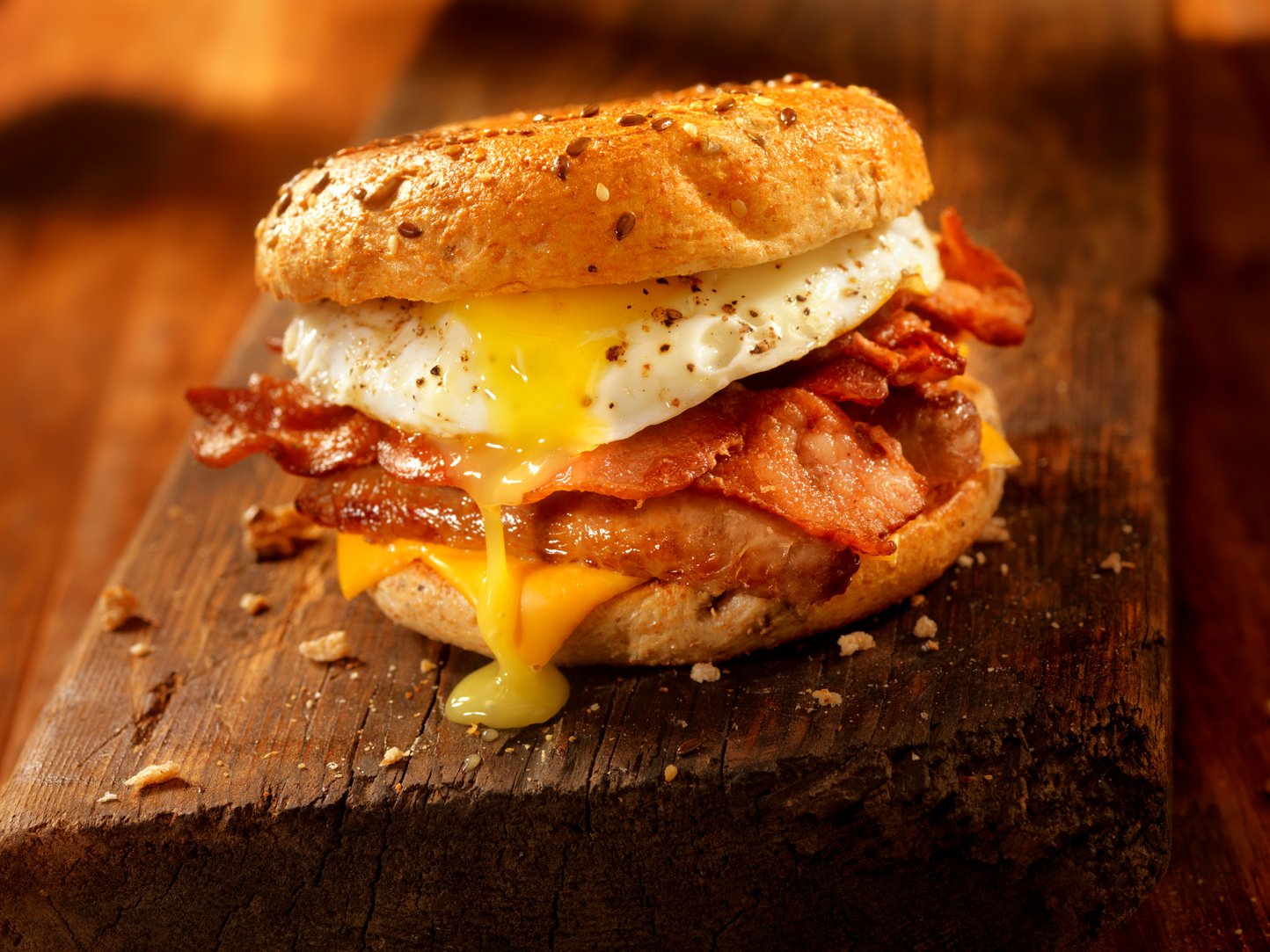 Bagel, Bacon, Sausage and Egg Breakfast Sandwich